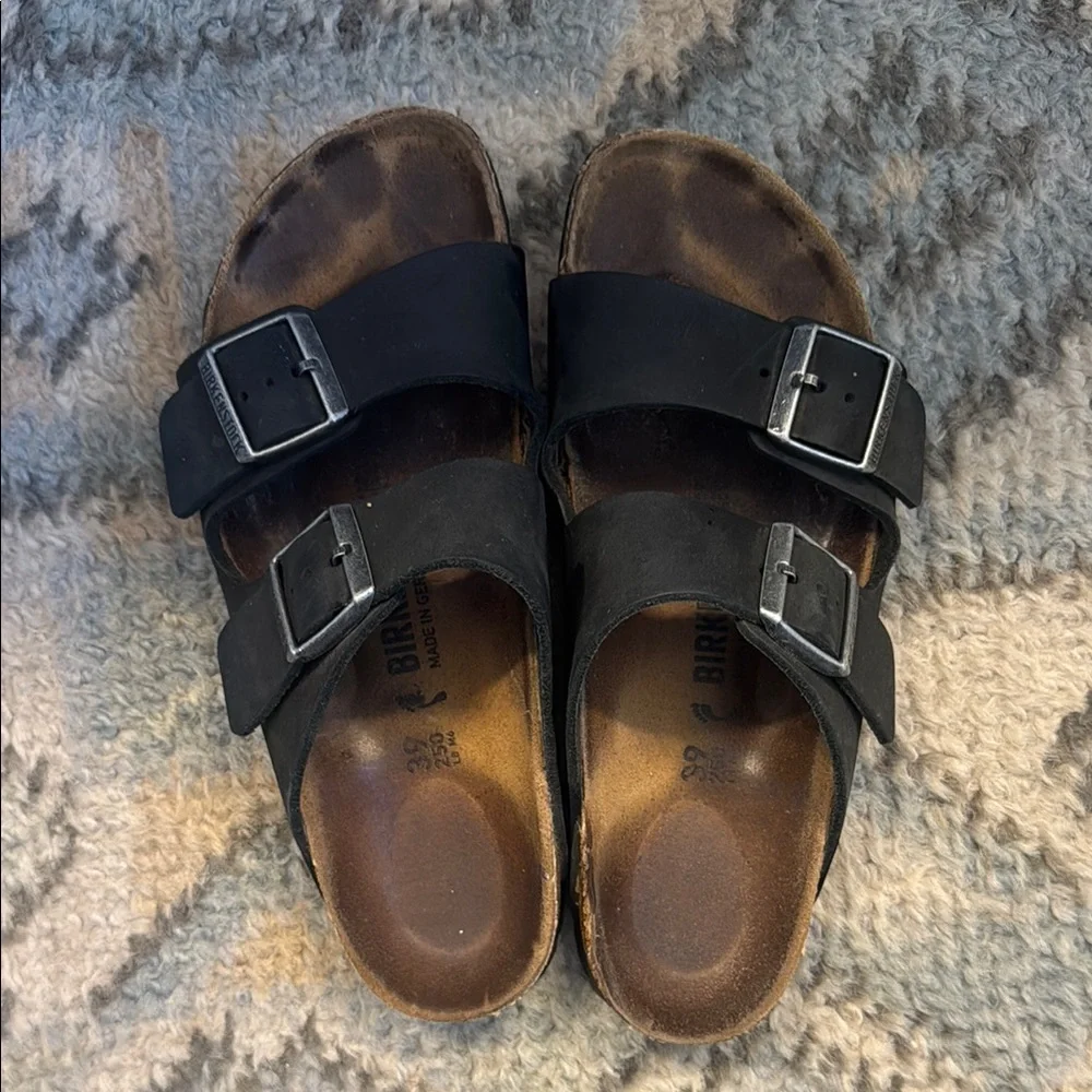 Birkenstock Arizona Black Oiled Leather Double Strap Sandals EU39 Original $135 - Picture 1 of 10